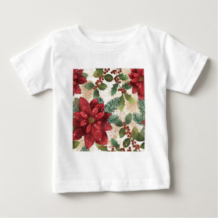 Camiseta De Bebé Retro 50s Flor de Nochebuena Rojo Verde Crema