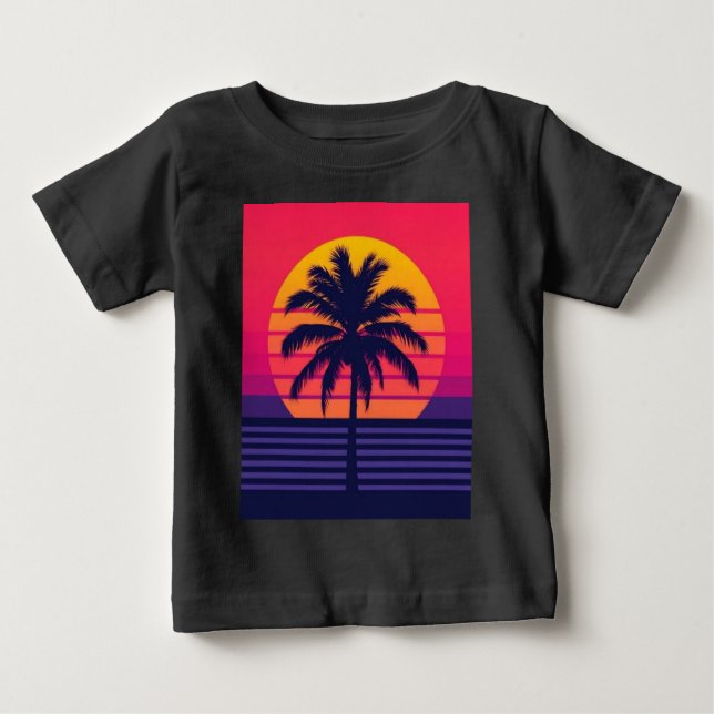 Camiseta De Bebé Retro 80s Sunset Palm Tree Synthwave Art (Anverso)