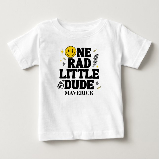 Camiseta De Bebé Retro One Rad Little Dude Sonrisa Chico Cumpleaños (Anverso)