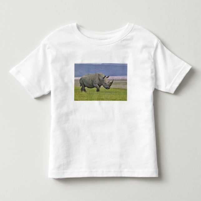 Camiseta De Bebé Rinoceronte blanco y flamencos menores distantes, (Anverso)