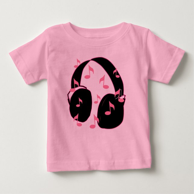 Camiseta De Bebé ¡Roca del bebé!  Auriculares con rosa de las notas (Anverso)