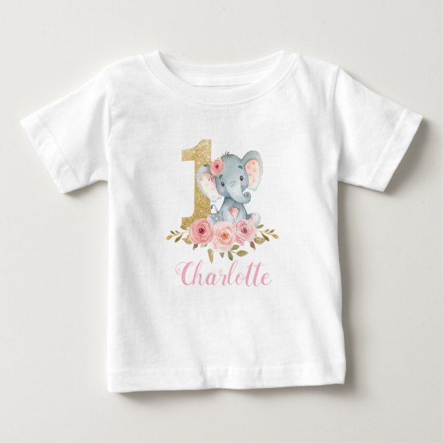 Camiseta De Bebé Rubor Floral Cute Baby Elephant Primer Bebé (Anverso)
