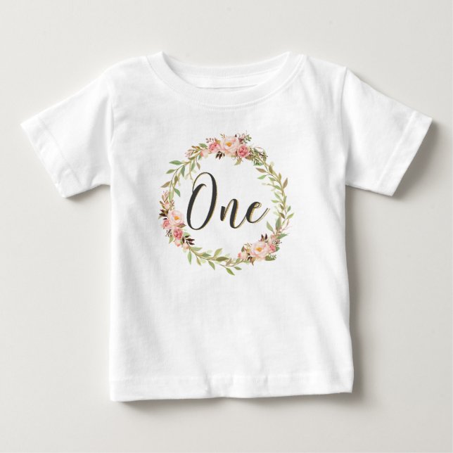 Camiseta De Bebé Rubor Floral Wreath ONE Moda del primer cumpleaños (Anverso)
