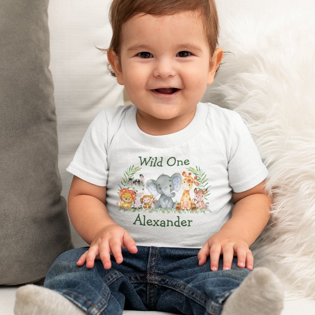 Camiseta De Bebé Salvajes 1.ᵉʳ Nacimiento Acuarela Safari Animales (Customize to change text color. Many sizes to choose from.)