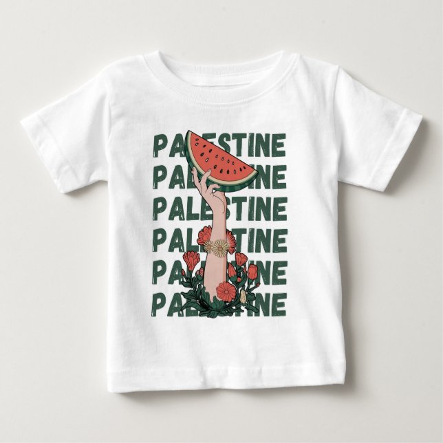 Camiseta De Bebé sandía, flores y palestina gratis Repetir (Anverso)