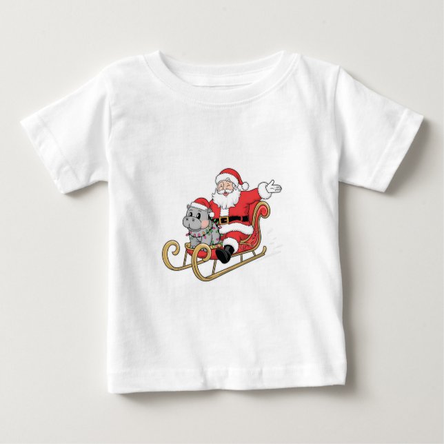 Camiseta De Bebé Santa Riding Sleigh con un bebé moo deng Hippo (Anverso)