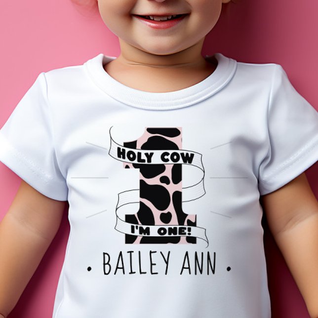 Camiseta De Bebé Santo Vaca, soy el primer Chica de cumpleaños band (holy cow I'm one first birthday bday shirt for girls pink cow print custom name)