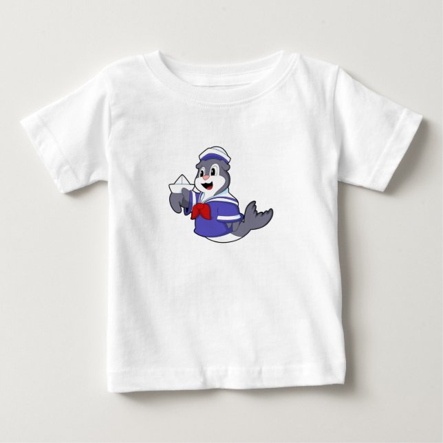 Camiseta De Bebé Sello como marinero con barco (Anverso)