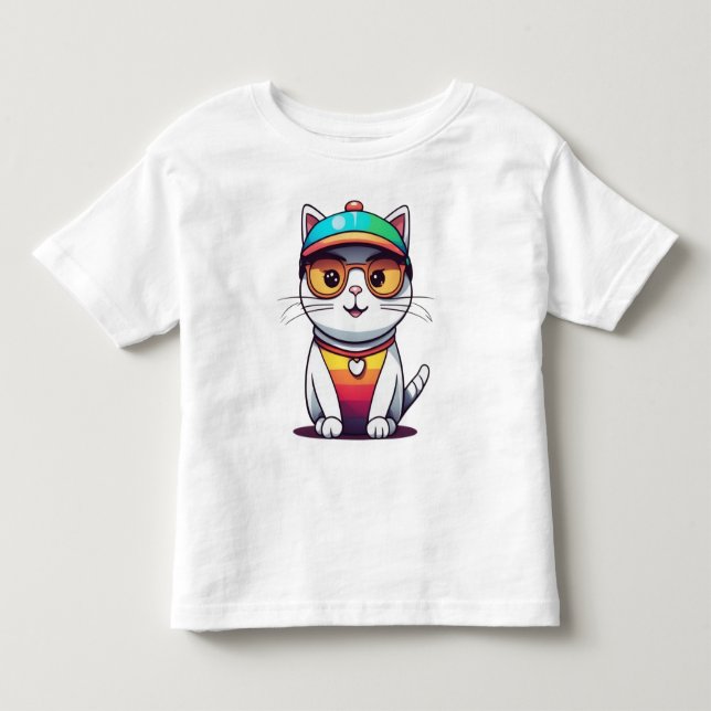 Camiseta De Bebé Sentado Gato Con Gafas Y Gorra (Anverso)