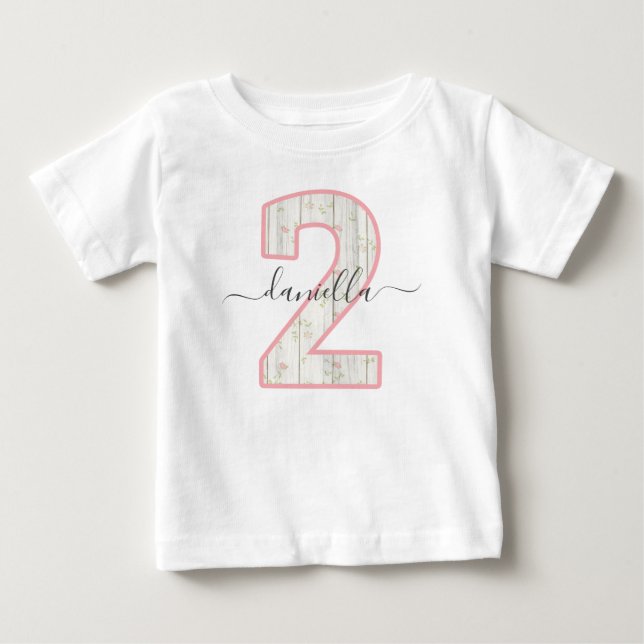 Camiseta De Bebé Shabby Chic Pink Floral Madera Rústica Dos Cumplea (Anverso)
