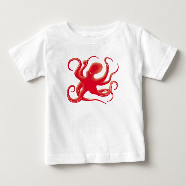 Camiseta De Bebé Silueta de arte octopus de vector rojo simple (Anverso)