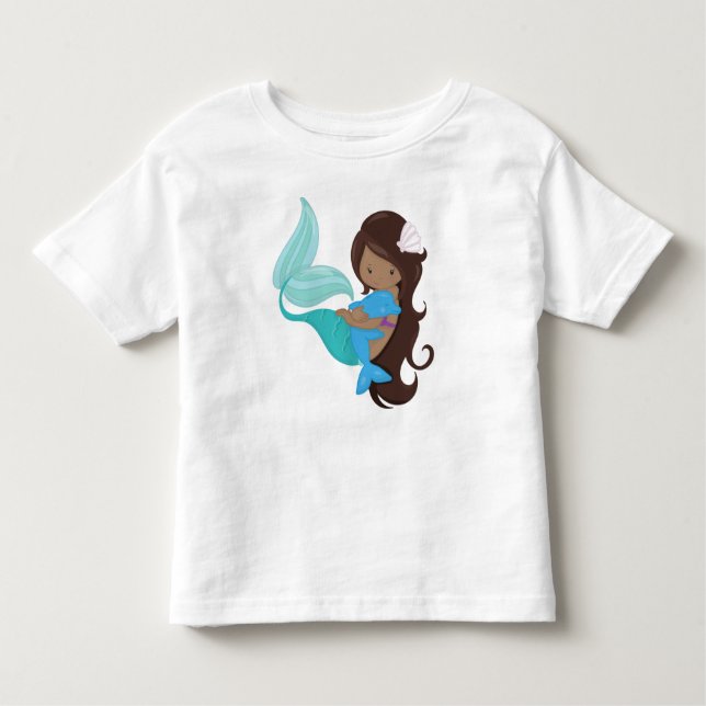Camiseta De Bebé Sirena afroamericana, pelo marrón, delfín (Anverso)