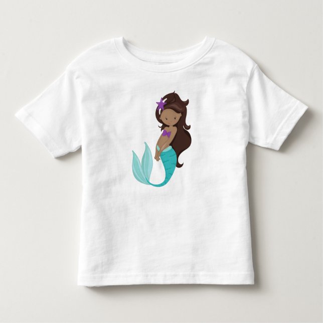 Camiseta De Bebé Sirena afroamericana, pelo marrón, pez estrella (Anverso)