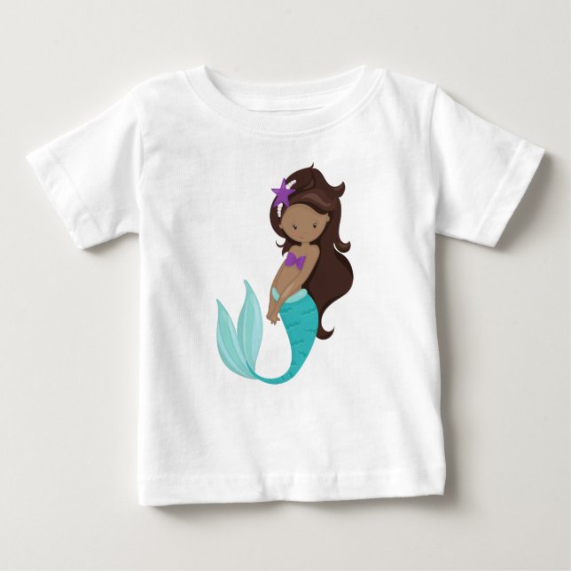 Camiseta De Bebé Sirena afroamericana, pelo marrón, pez estrella (Anverso)