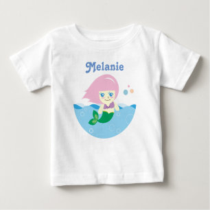 Camiseta De Bebé Sirena corta con pelo rosado personalizada