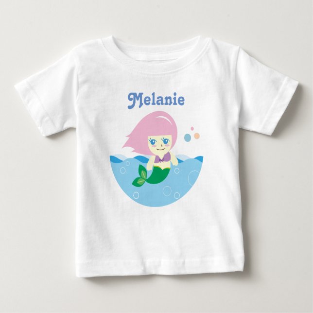 Camiseta De Bebé Sirena corta con pelo rosado personalizada (Anverso)