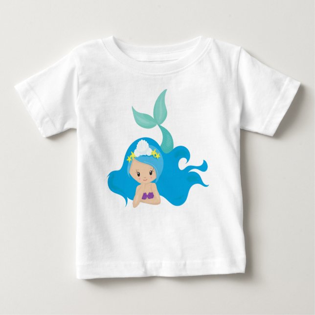 Camiseta De Bebé Sirena Cuidada, Pelo Azul, Sirena Pequeña, Starfis (Anverso)