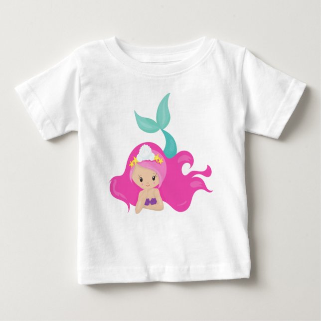 Camiseta De Bebé Sirena Cuidada, Pelo Rosa, Sirenita Pequeña, Starf (Anverso)