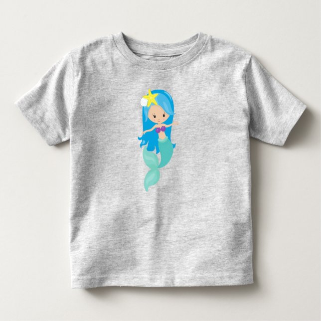 Camiseta De Bebé Sirena Cuidada, Sirena Pequeña, Pelo Azul, Starfis (Anverso)