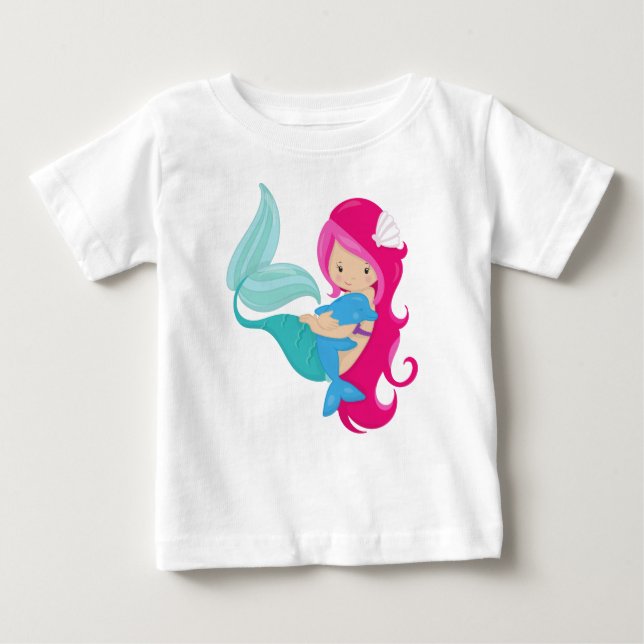Camiseta De Bebé Sirena Cuidada, Sirena Pequeña, Pelo Rosa, Delfín (Anverso)