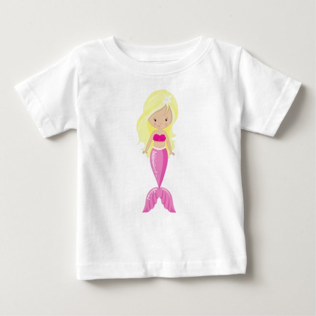 Camiseta De Bebé Sirena Cuidada, Sirena Pequeña, Pelo Rubio, Cola (Anverso)