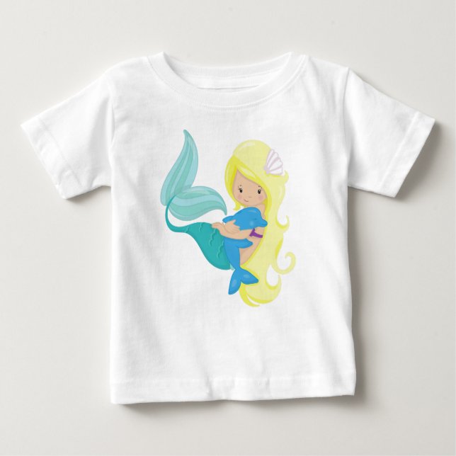 Camiseta De Bebé Sirena Cuta, Sirena Pequeña, Cabello Rubio, Delfín (Anverso)