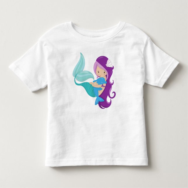 Camiseta De Bebé Sirena Cuta, Sirena Pequeña, Pelo Púrpura, Delfín (Anverso)