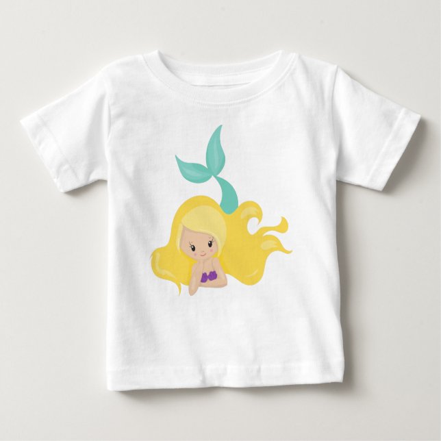 Camiseta De Bebé Sirena Cuta, Sirenita Pequeña, Pelo Rubio, Cuero (Anverso)