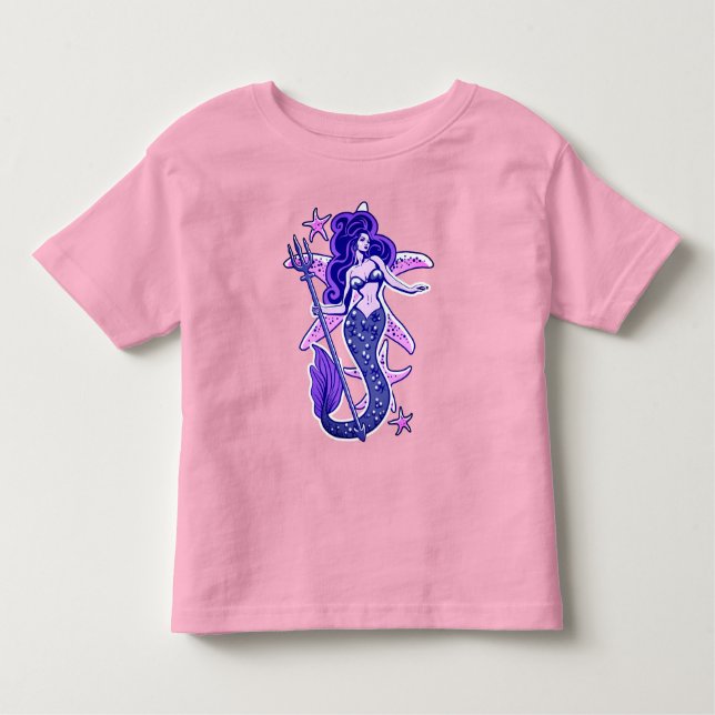 Camiseta De Bebé Sirena Pin-Up Retro Rosa Púrpura y Azul (Anverso)