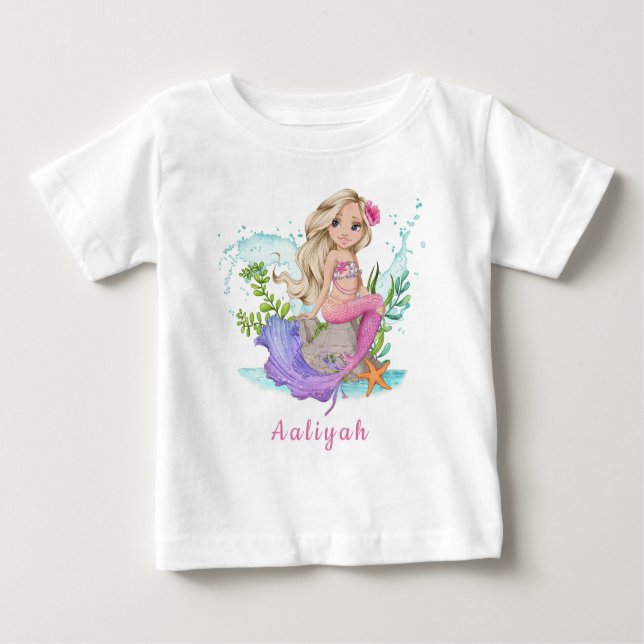 Camiseta De Bebé Sirenita rosa pequeña y rubia personalizada (Anverso)