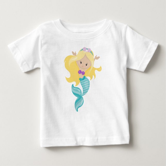Camiseta De Bebé Sirenita, sirena, pelo rubio, conchas (Anverso)
