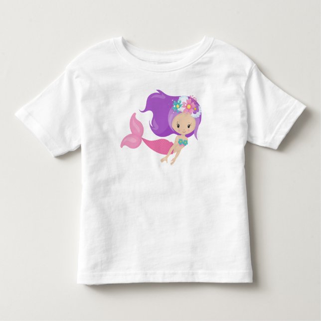 Camiseta De Bebé Sirenita, Sirenita, Flores, Pelo Púrpura (Anverso)