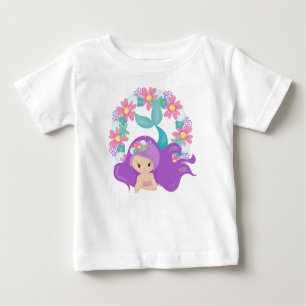Camiseta De Bebé Sirenita, Sirenita, Pelo Púrpura, Flores