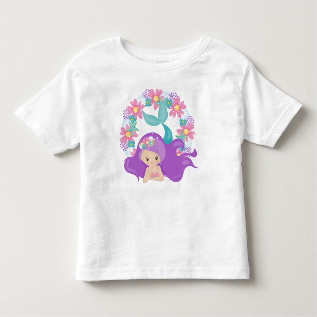 Camiseta De Bebé Sirenita, Sirenita, Pelo Púrpura, Flores (Anverso)