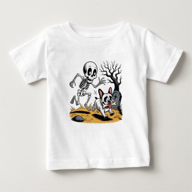Camiseta De Bebé Skeleton vs French Bulldog – Funny Halloween Chase (Anverso)