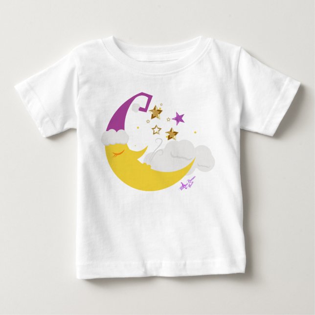 Camiseta De Bebé Sleepy Moon Purple Gorra y Gold Stars (Anverso)