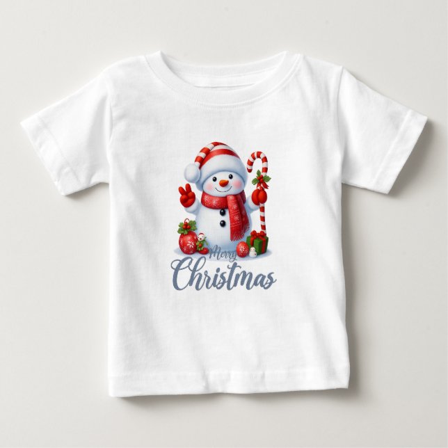 Camiseta De Bebé Smiling Snowman With Candy Cane Christmas Tee (Anverso)
