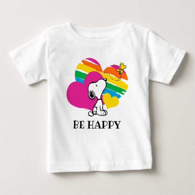 Camiseta De Bebé Snoopy y Woodstock | Corazones arcoiris (Anverso)