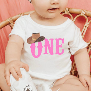 Camiseta De Bebé Sombrero de Vaquera Rosa Tema Cumpleaños UNO 1
