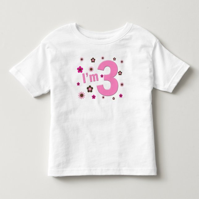 Camiseta De Bebé "Soy 3" rosa y las flores de Brown (Anverso)