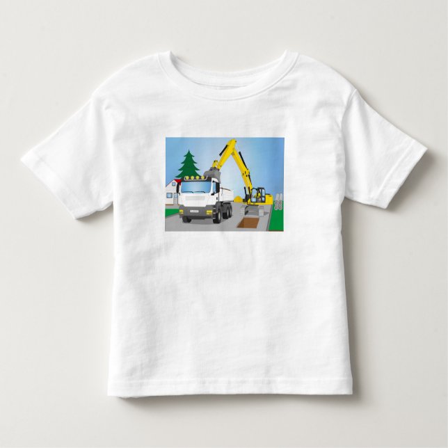 Camiseta De Bebé Straßenbaustelle con CAMIONES blancos y excavadora (Anverso)