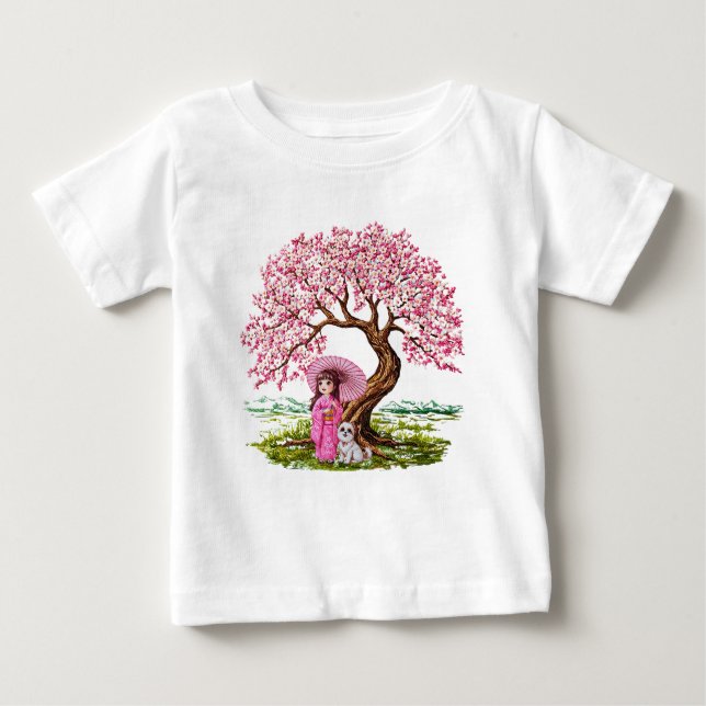 Camiseta De Bebé Sueños de flores: Chica de Kimono y Cachorro (Anverso)