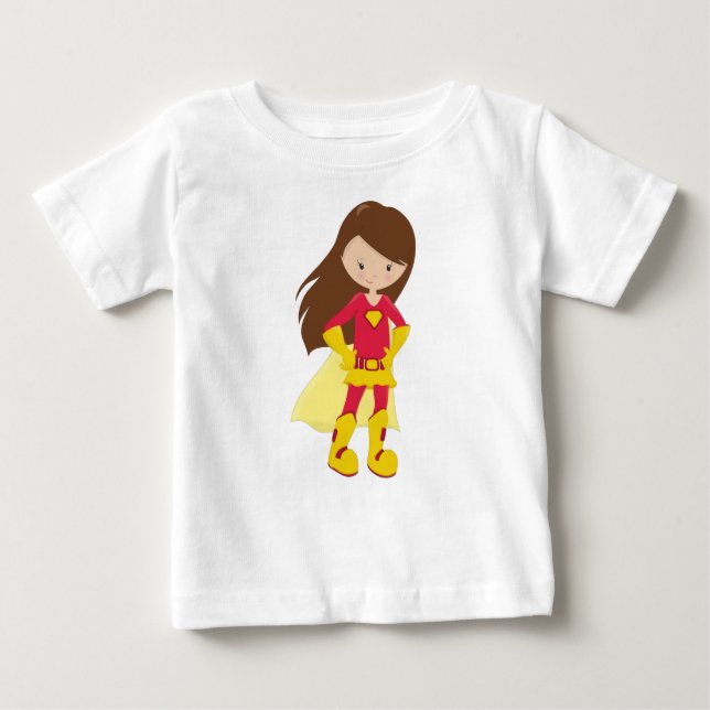 Camiseta De Bebé Superheroína Chica, Chica Cute, pelo pardo, traje  (Anverso)