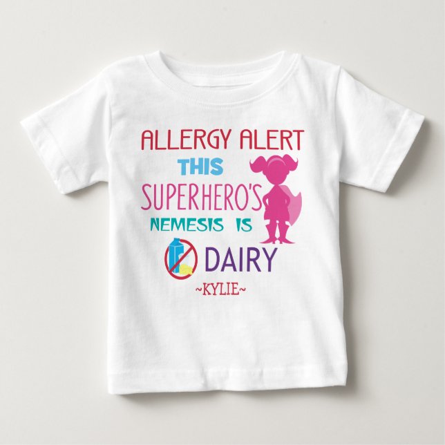 Camiseta De Bebé Superheroínas de Alerta de Alergia a Lácteos Rosa (Anverso)