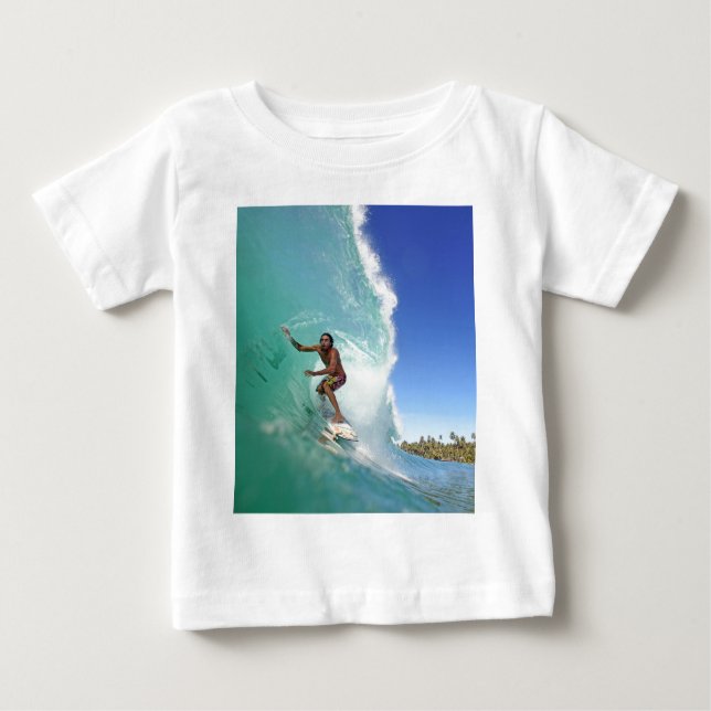 Camiseta De Bebé Surf, oleada de surf en tubo tropical verde (Anverso)