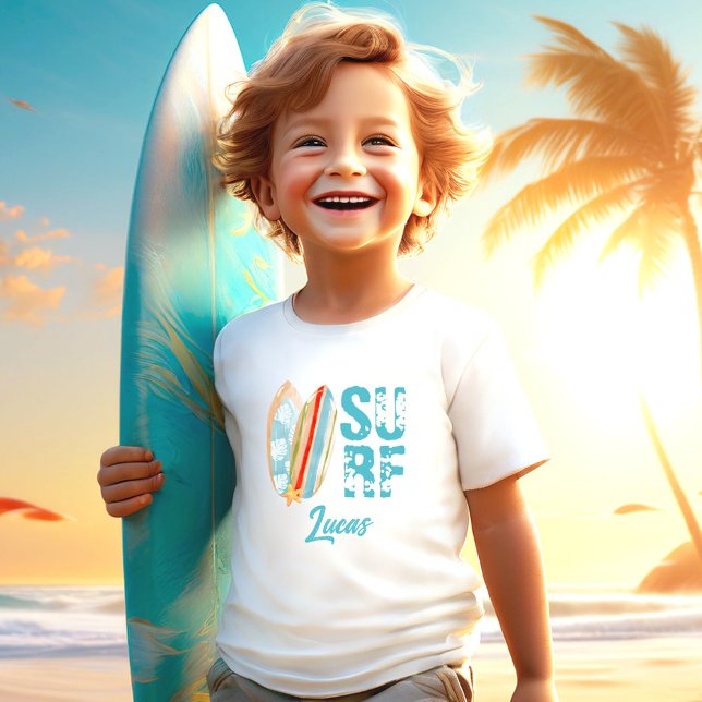 Camiseta De Bebé Surf Summer Beach Boy Nombre personalizado (Surf Summer Beach Boy Custom Name Toddler T-shirt)
