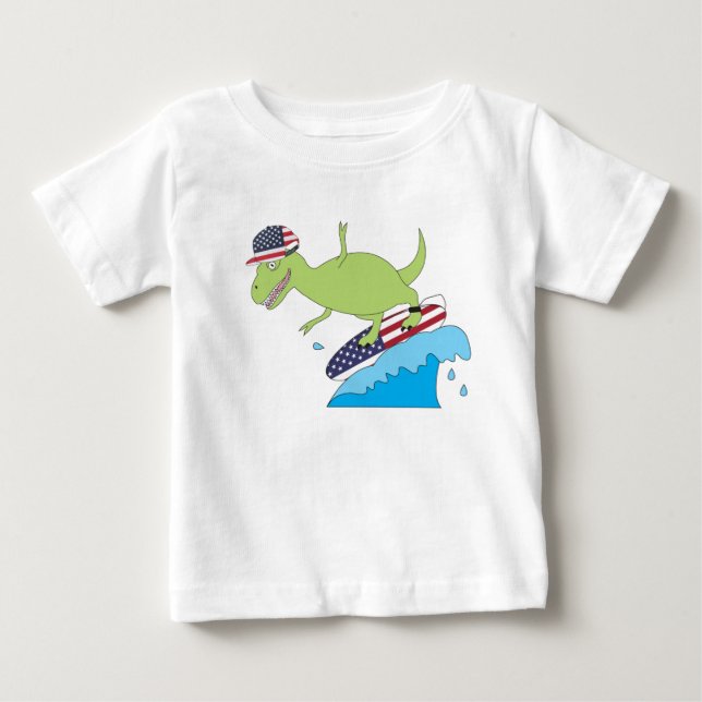Camiseta De Bebé Surfing de la Bandera Americana de Dinosaurios (Anverso)