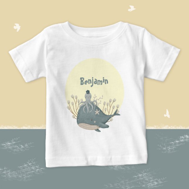 Camiseta De Bebé Sweet Nautical Whale Octopus Baby Shower (Sweet Nautical Whale Squid Watercolor Baby Shower Baby T-Shirt ©Susanne Sachers - Sunny Mind Design )