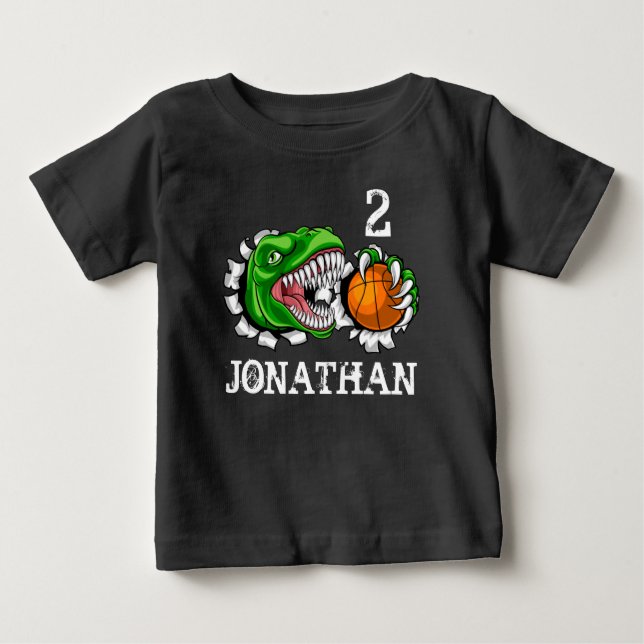 Camiseta De Bebé T-Rex Baloncesto Personalizado Cumpleaños 2 Dino (Anverso)