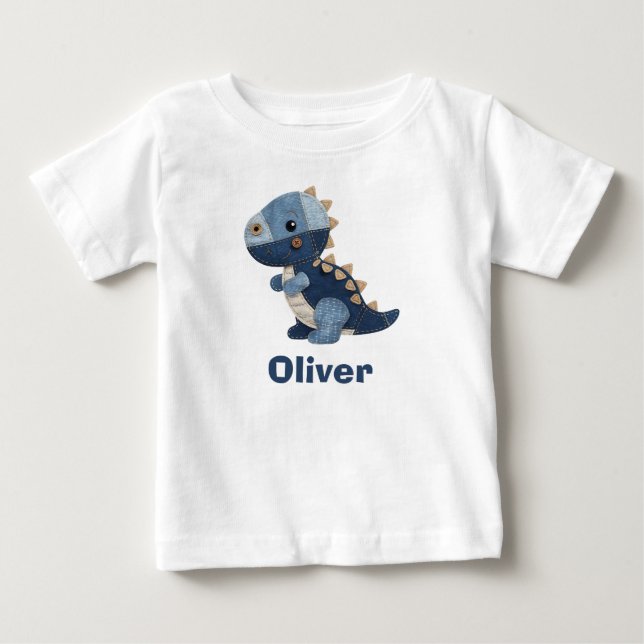 Camiseta De Bebé T-Rex bebé de mezclilla de patchwork (Anverso)